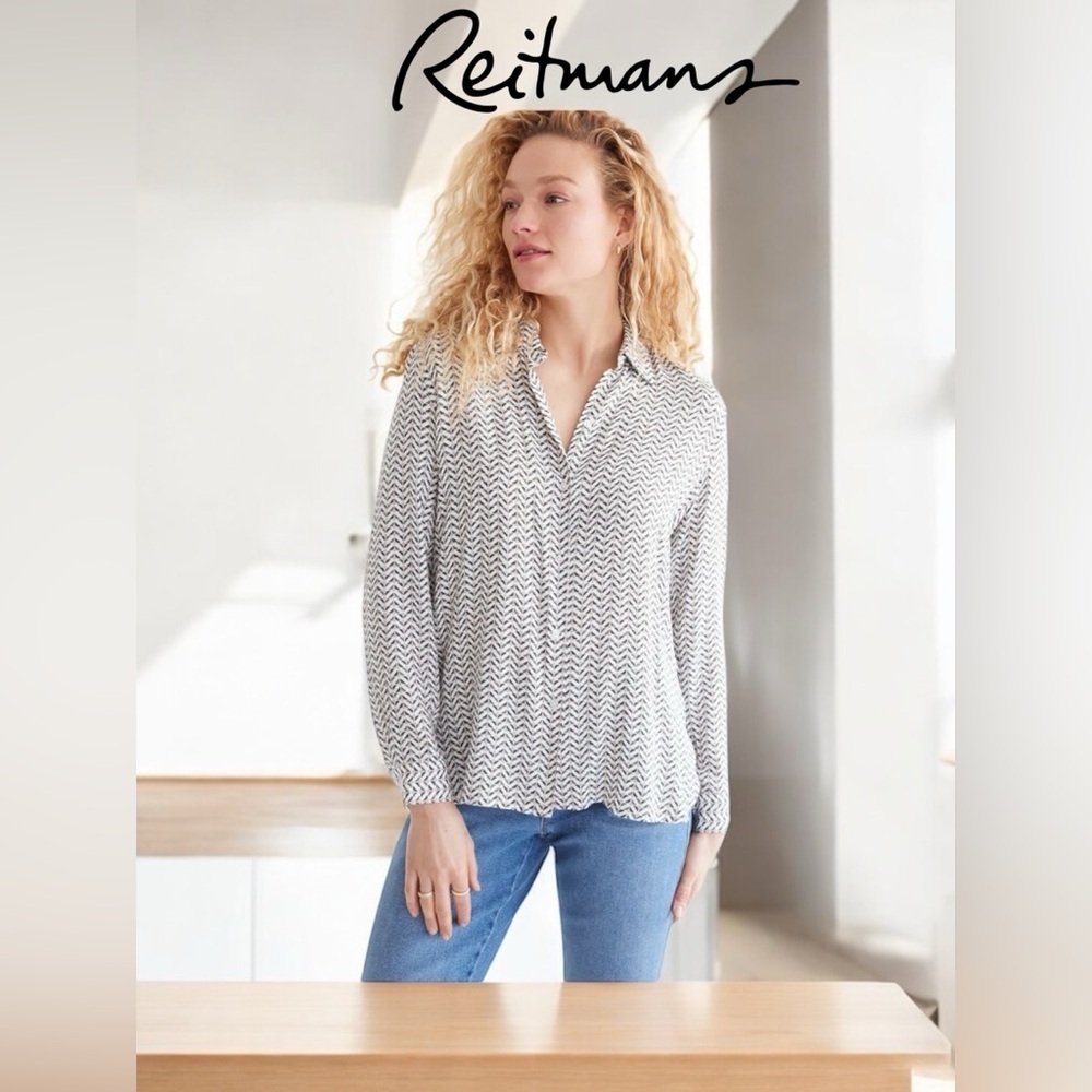 Reitmans, Plus Size Long Sleeve Button-Down
Blouse, 3X, Green, Pink, White